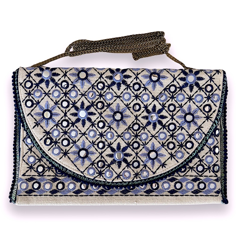 Embroidered Mirrored Crossbody Chain Clutch Boho Handbag